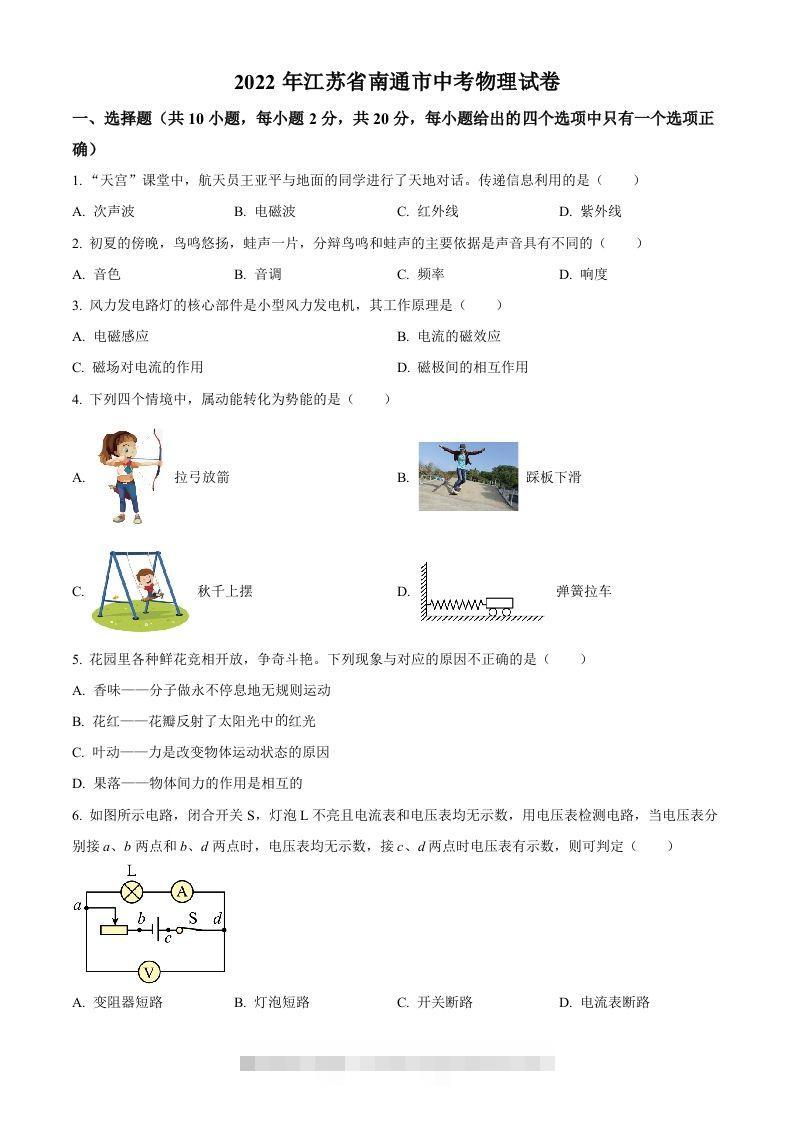 2022年江苏省南通市中考物理试题（空白卷）(1)-117资源网
