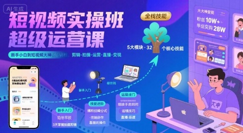 短视频实操班超级运营课，新手小白到短视频大神必修课程，剪辑-拍摄-运营-直播-变现-117资源网