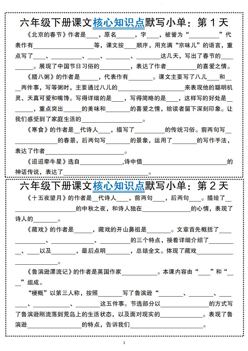 六年级下册语文课文核心知识点默写小单-117资源网