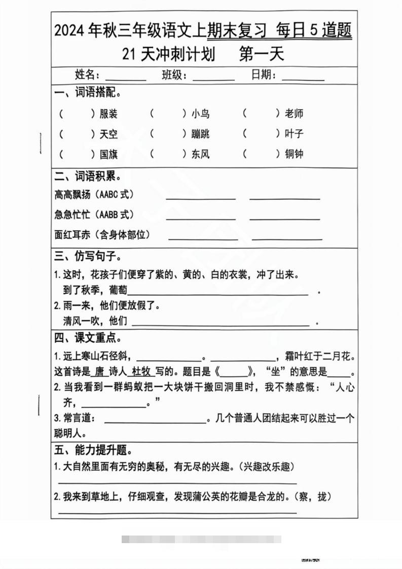 2024秋三年级语文上册期末复习每日5题（21天冲刺计划）-117资源网