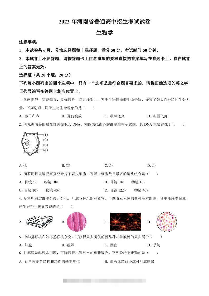 2023年河南省中考生物真题（空白卷）-117资源网