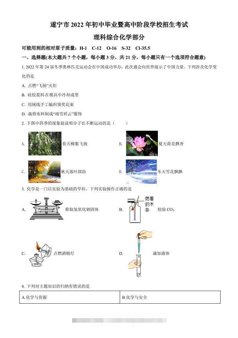 2022年四川省遂宁市中考化学真题（空白卷）-117资源网