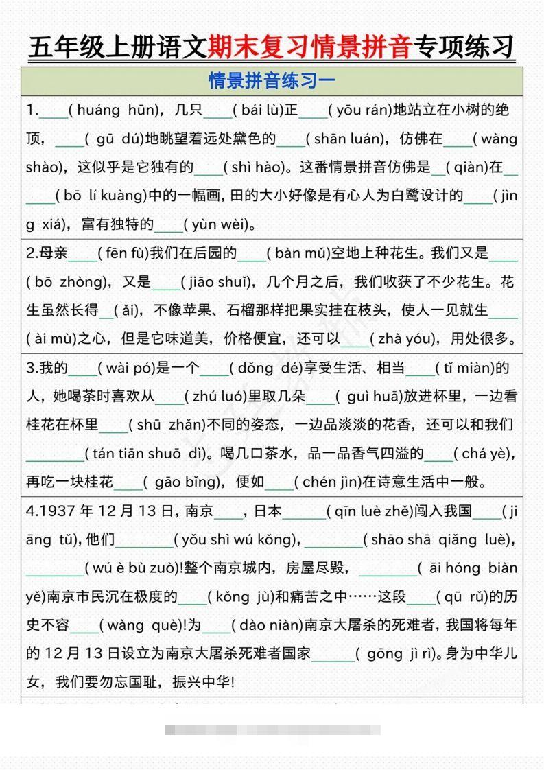 【期末情景拼音默写专项练习（空白）】五上语文-117资源网