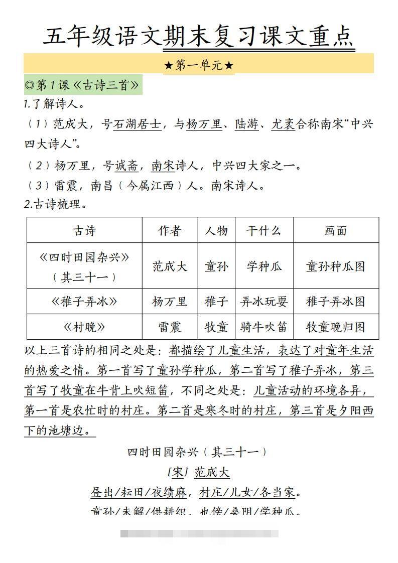【期末复习课文重点】五下语文-117资源网