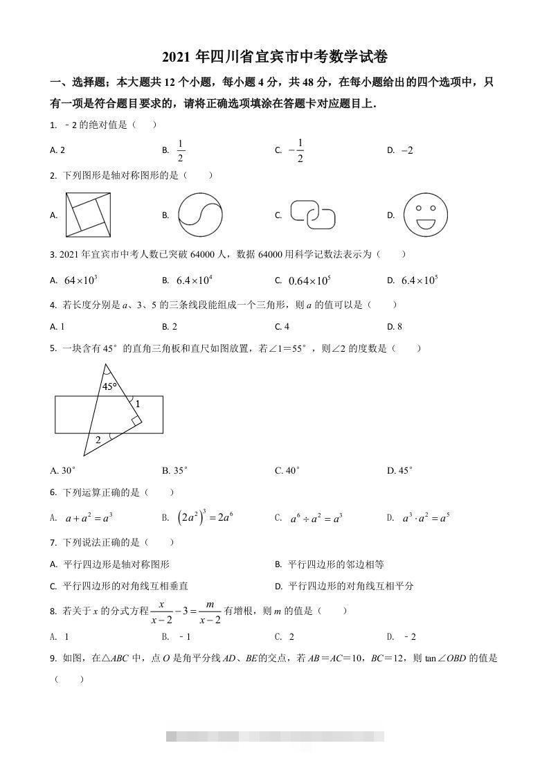 四川省宜宾市2021年中考数学真题（空白卷）-117资源网