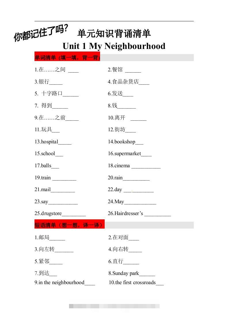 ❤四年级英语下册单元知识背诵清单Unit1MyNeighbourhood人教新起点（含答案）-117资源网