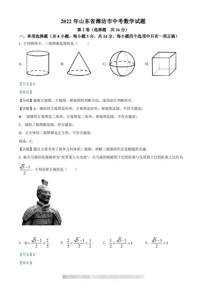 2022年山东省潍坊市中考数学真题（含答案）-117资源网