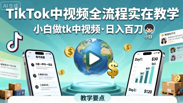 TikTok中视频全流程实操教学，小白做tk中视频，日入百刀-117资源网