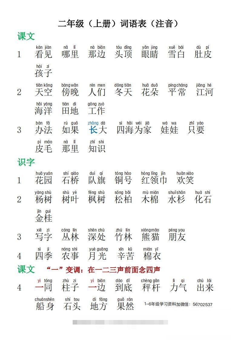 二年级语文上册词语表拼音版1-117资源网