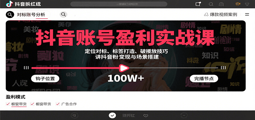 抖音账号盈利实战课，定位对标、标签打造、破播放技巧，讲涨粉变现与场景搭建-117资源网