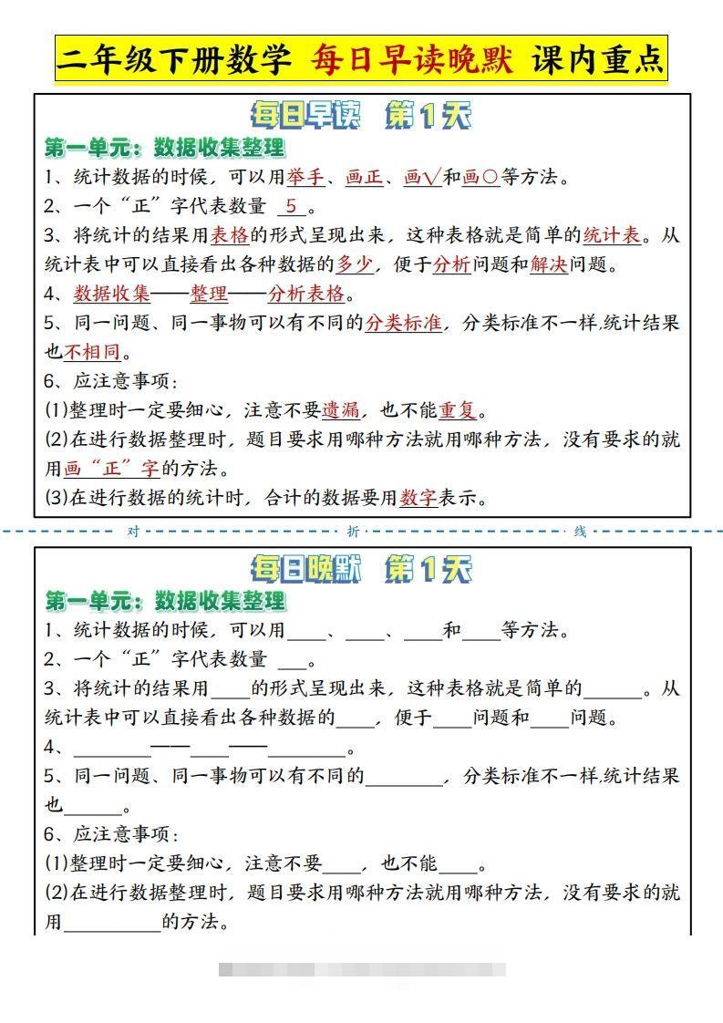 二下数学每日晨读晚默课内重点知识点（人教版）-117资源网