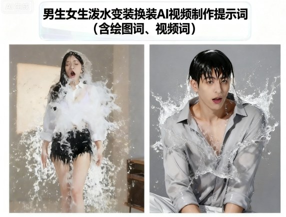 男生女生泼水变装换装AI视频制作提示词(含绘图词、视频词)-117资源网