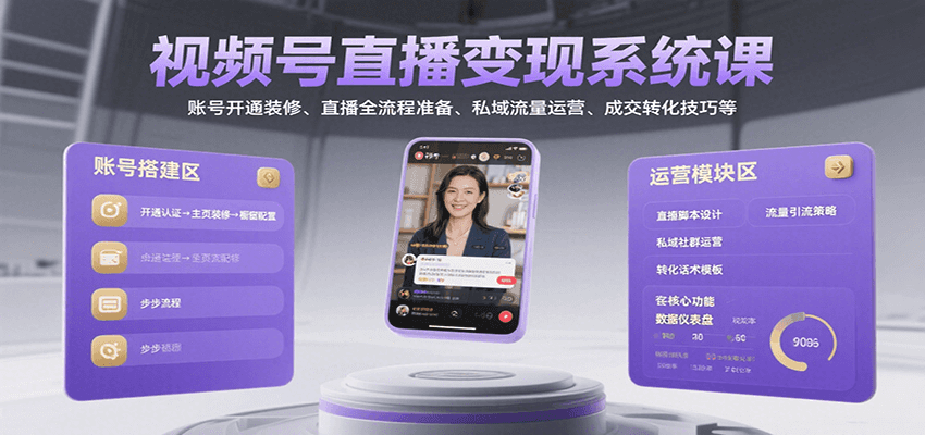 视频号直播变现系统课，账号开通装修、直播全流程准备、私域流量运营、成交转化技巧等-117资源网