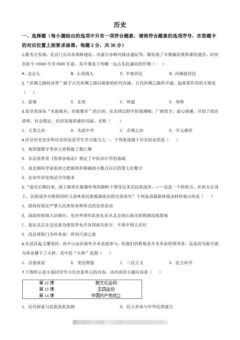 内蒙古赤峰2020年中考历史试题（空白卷）-117资源网