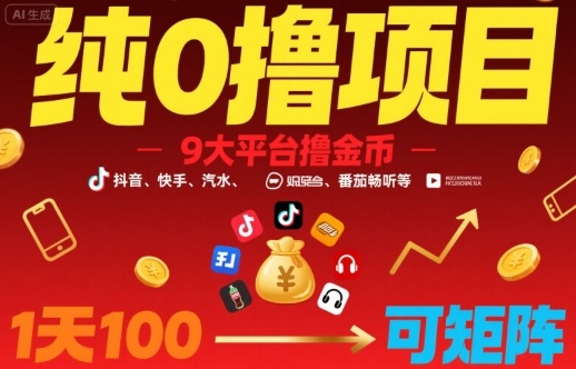 纯0撸项目，9大平台撸金币，抖音，快手，汽水，番茄畅听等，1天100，可矩阵-117资源网