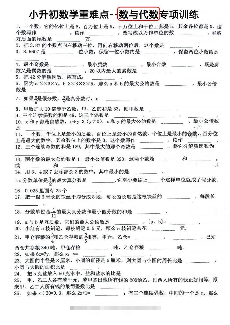 小升初数学重难点：数与代数专项训练-117资源网