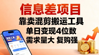 信息差项目，靠卖混剪搬运工具，单日变现4位数，需求量大，复购强，操作简单，几分钟一条视频-117资源网