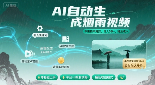 不用拍不用剪！AI自动生成烟雨视频，日入5张+，睡后收入-117资源网