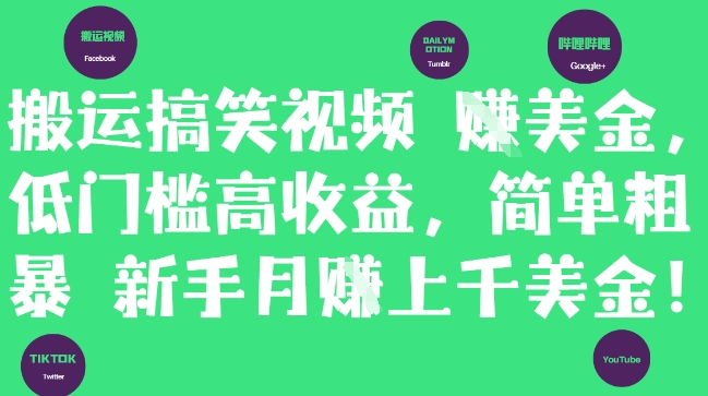 搬运搞笑视频挣美金，低门槛高收益，简单粗暴新手月入上千美刀-117资源网