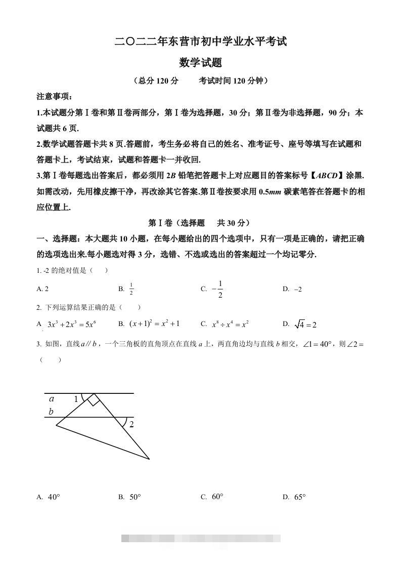 2022年山东省东营市中考数学真题（空白卷）-117资源网