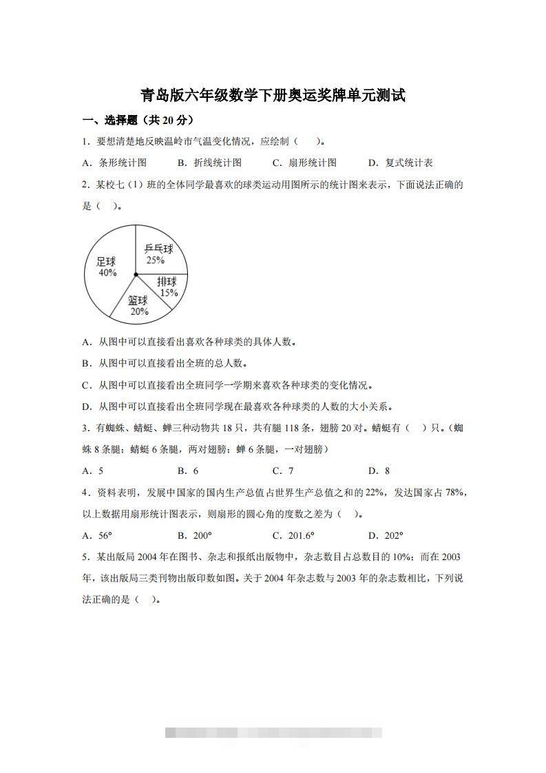 青岛63版数学六年级下册第五单元《奥运奖牌——扇形统计图》单元测试卷-117资源网