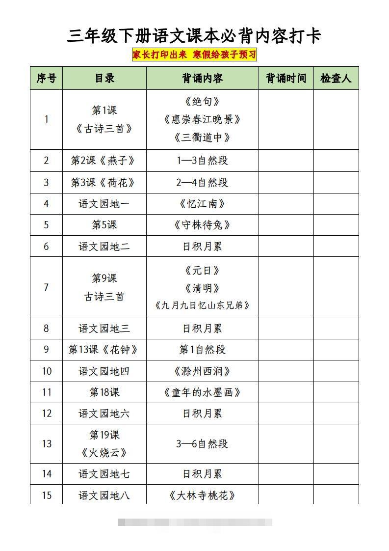 三下语文课本必背内容打卡-117资源网