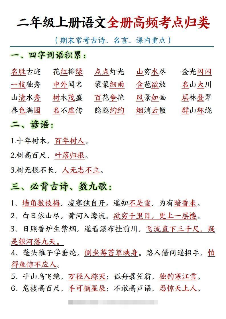 【全册重点高频考点归类汇总】二上语文-117资源网