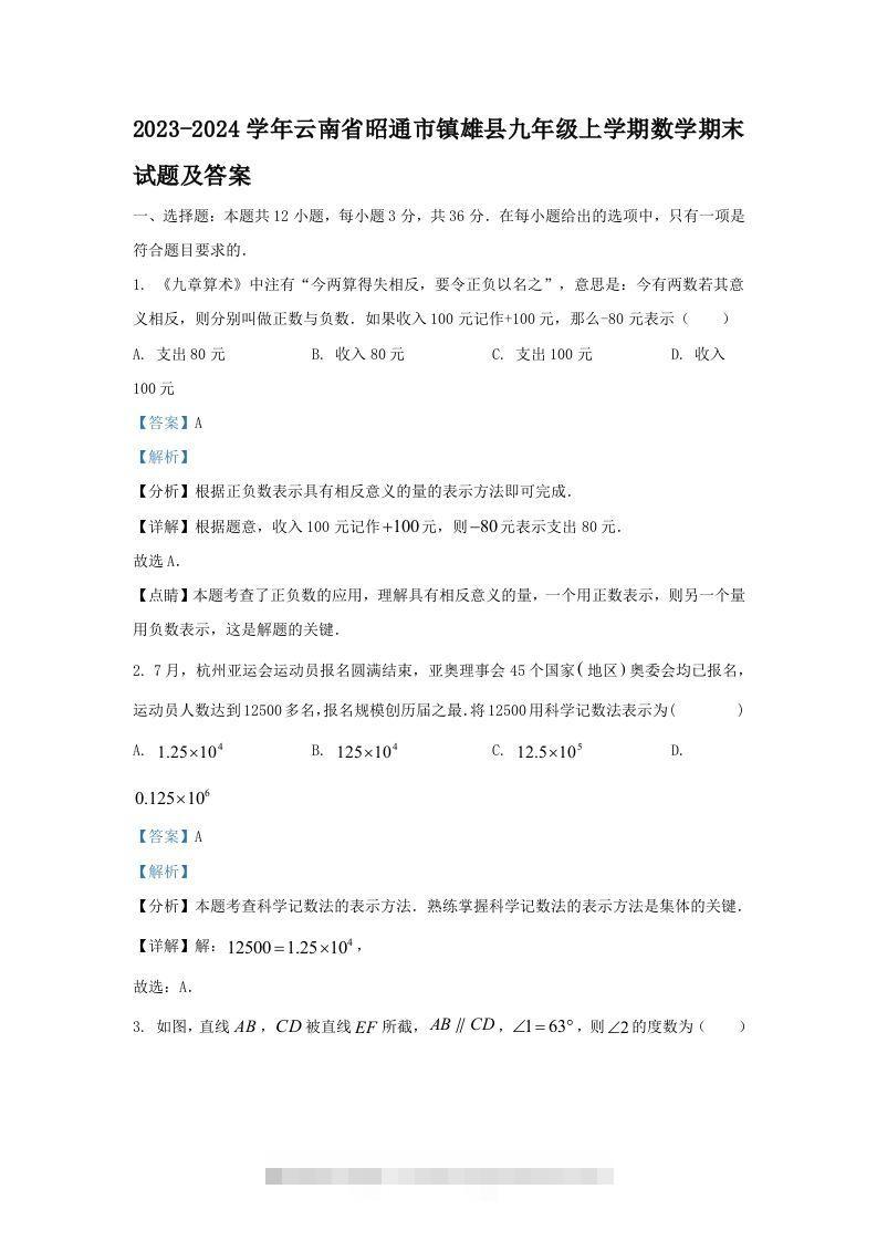 2023-2024学年云南省昭通市镇雄县九年级上学期数学期末试题及答案(Word版)-117资源网