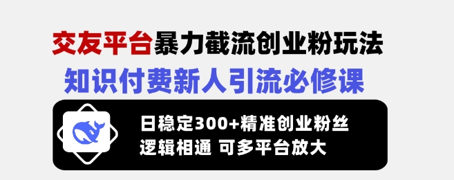 交友平台暴力截流创业粉玩法，知识付费新人引流必修课，日稳定300+精准创业粉丝，逻辑相通可多平台放大-117资源网