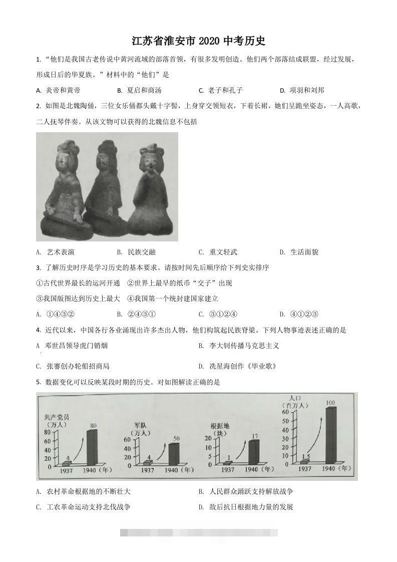 江苏省淮安市2020年中考历史试题（空白卷）-117资源网