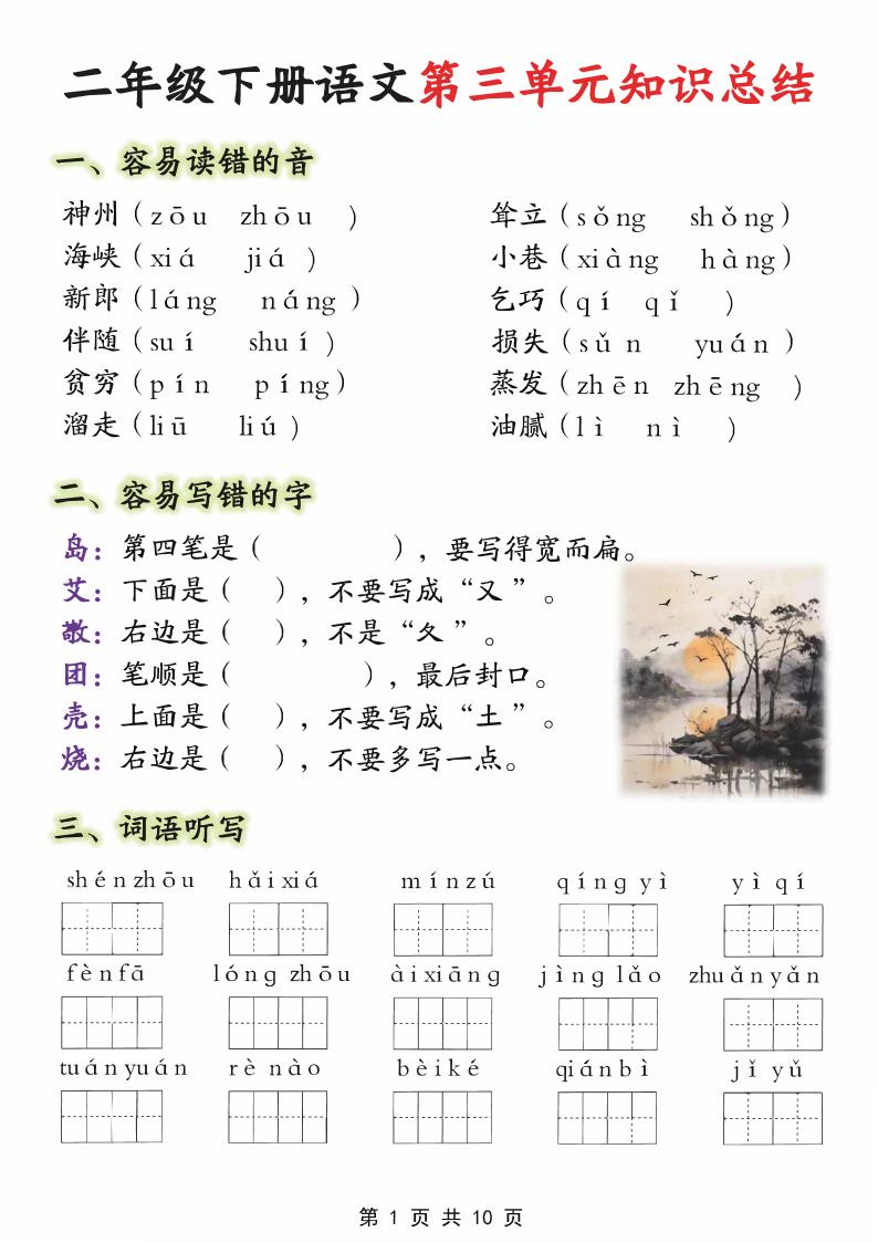 【第三单元】二下语文重点知识总结（填）纯图版10页-117资源网