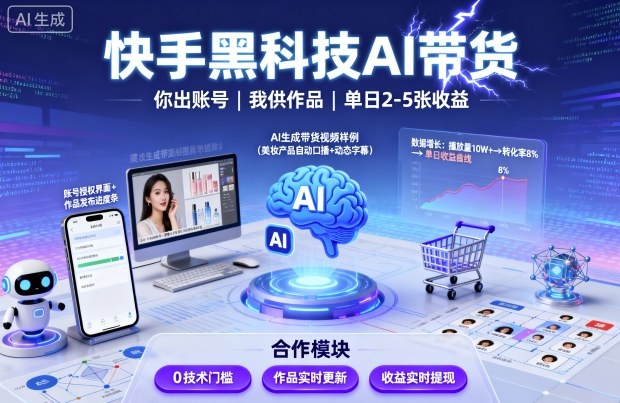 快手黑科技AI带货，你提供账号，我提供作品并发布，单日2-5张【揭秘】-117资源网