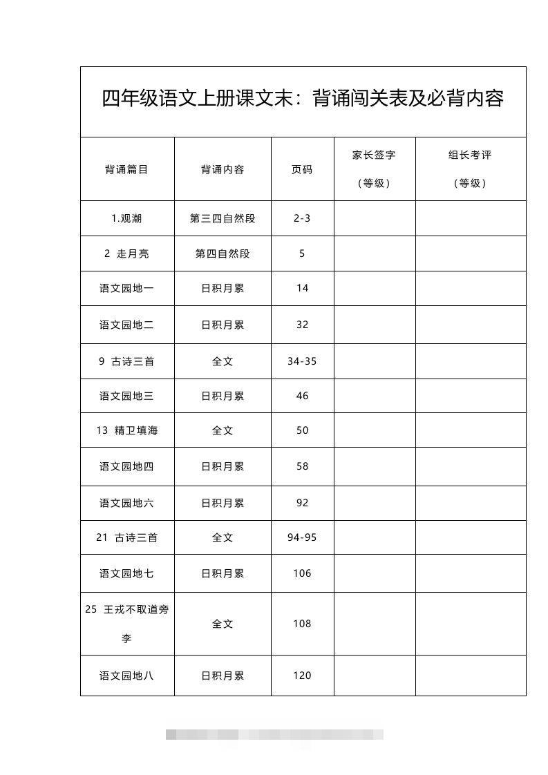 四（上）语文：背诵闯关表及必背内容-117资源网