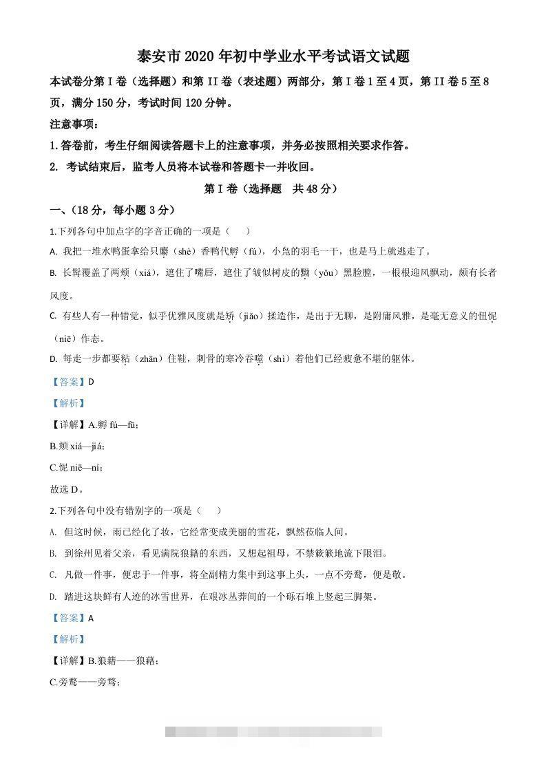 山东省泰安市2020年中考语文试题（含答案）-117资源网