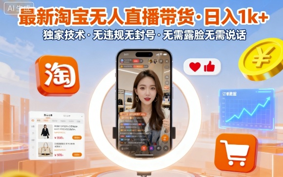 最新淘宝无人直播带货，日入1k+，独家技术，无违规无封号，无需露脸无需说话【揭秘】-117资源网