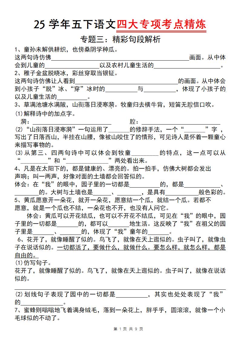 25学年五下语文四大专项考点精炼（专题三：精彩句段解析）-117资源网