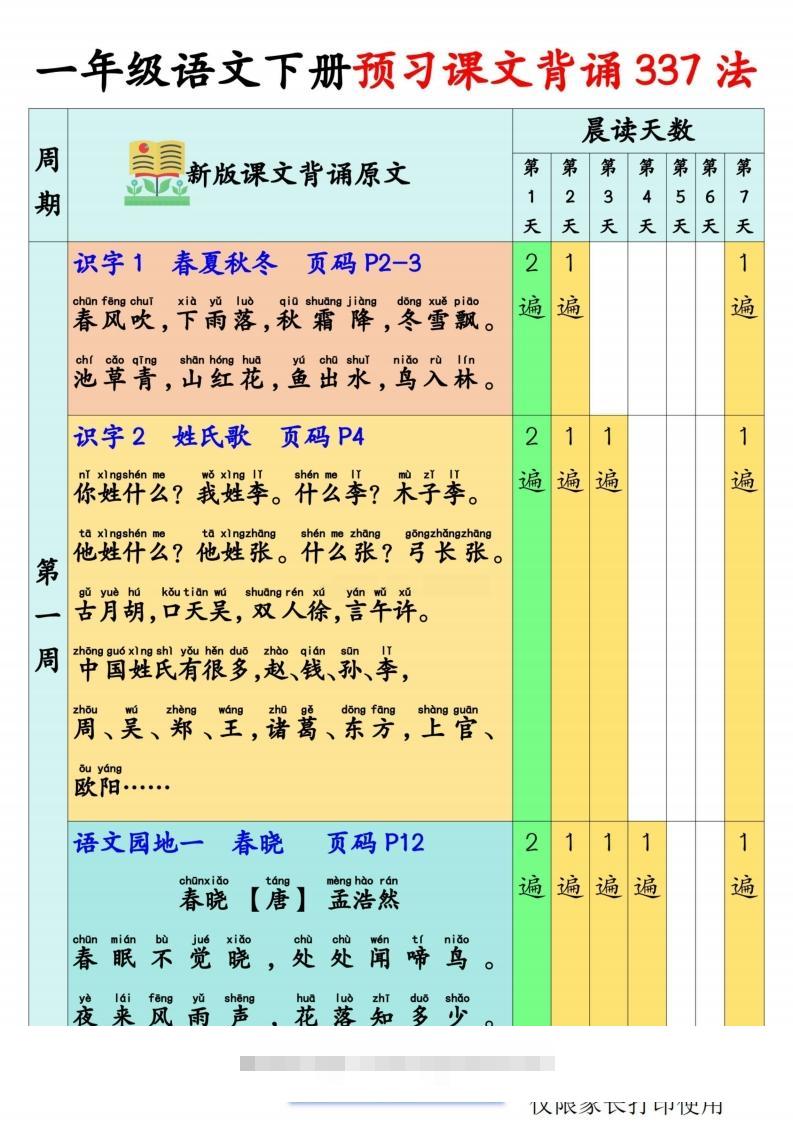 【预习背诵】一下语文预习课文背诵337法+课文内容填空17页-117资源网