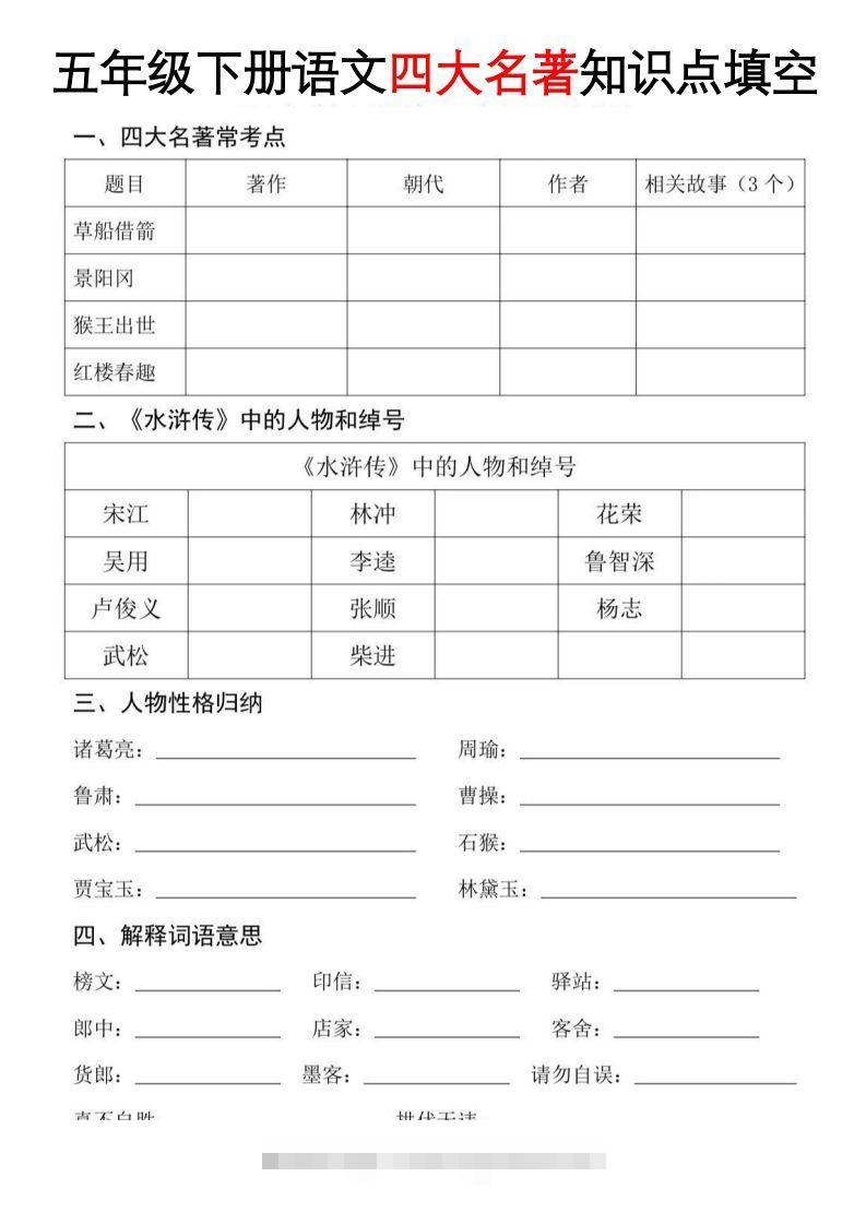 【四大名著知识点填空】五下语文-117资源网