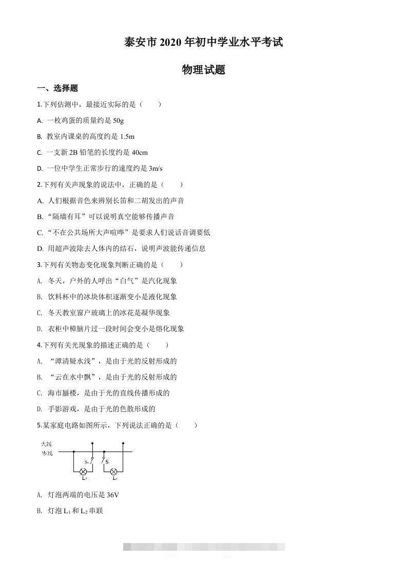 2020年山东省泰安市中考物理试题（空白卷）-117资源网
