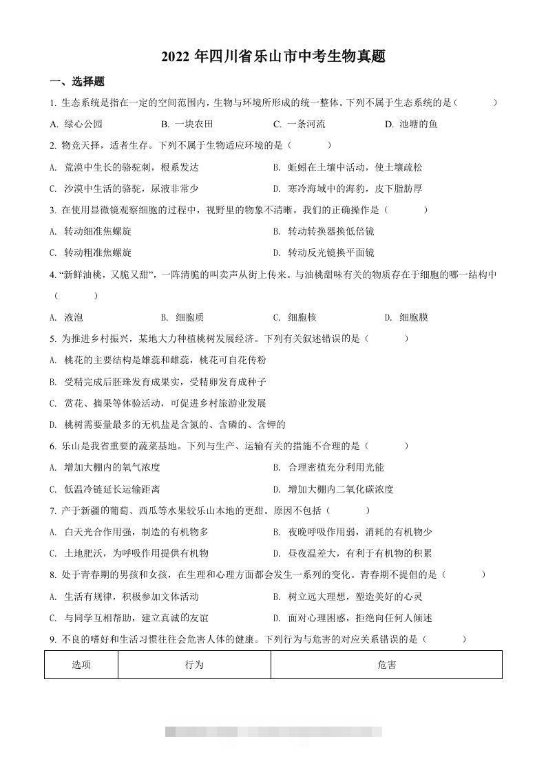 2022年四川省乐山市中考生物真题（空白卷）-117资源网