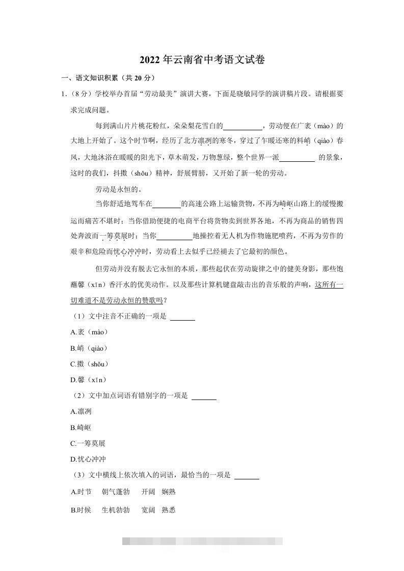 2022年云南省中考语文真题-117资源网