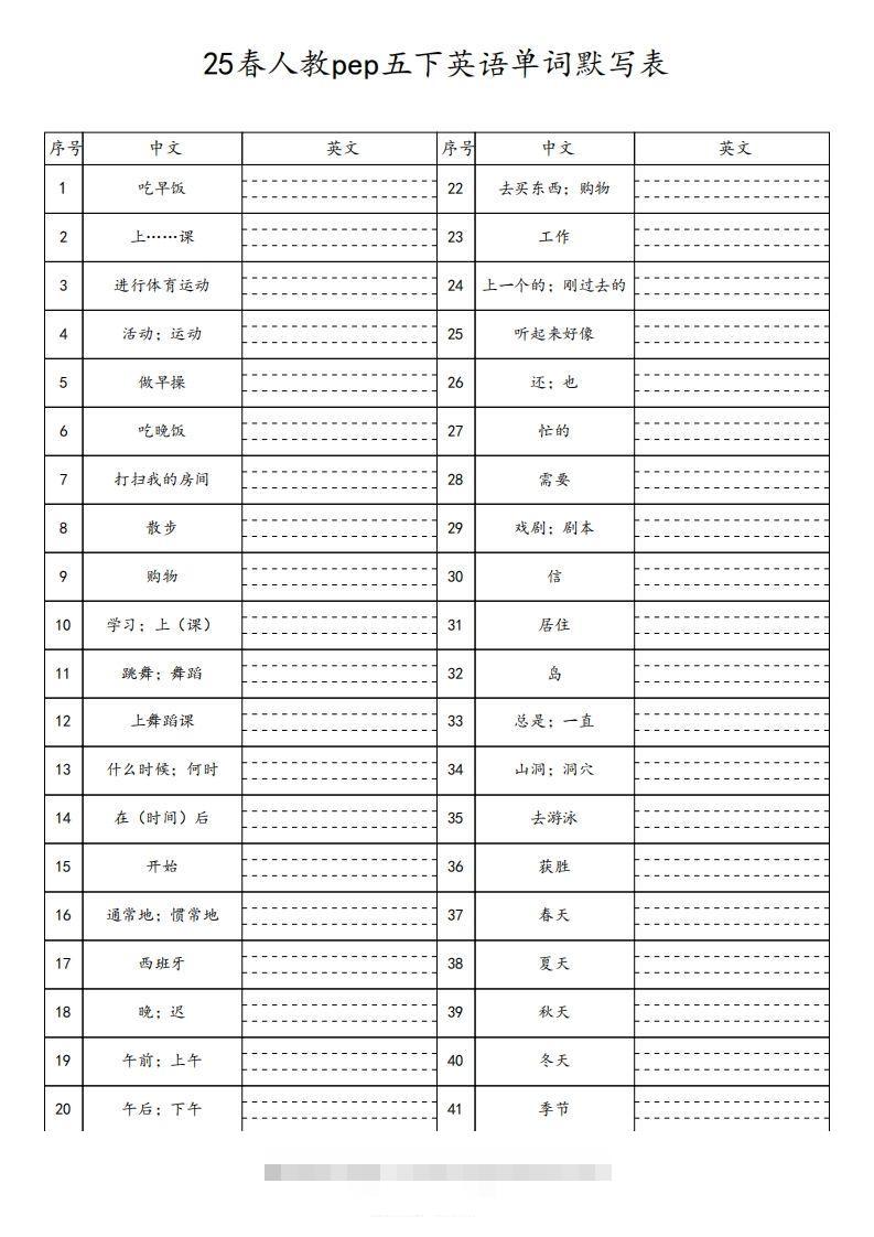 【默写】25春人教pep五下英语单词默写表（4页）-117资源网