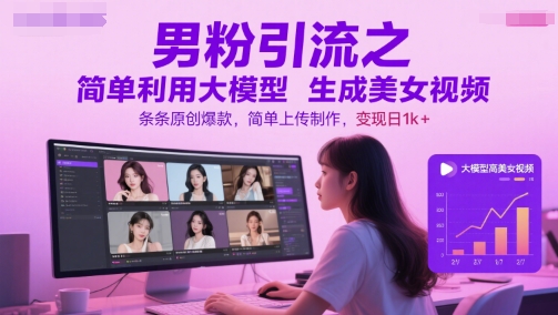 男粉引流之简单利用大模型生成美女视频，条条原创爆款，简单上传制作，变现日1k+-117资源网
