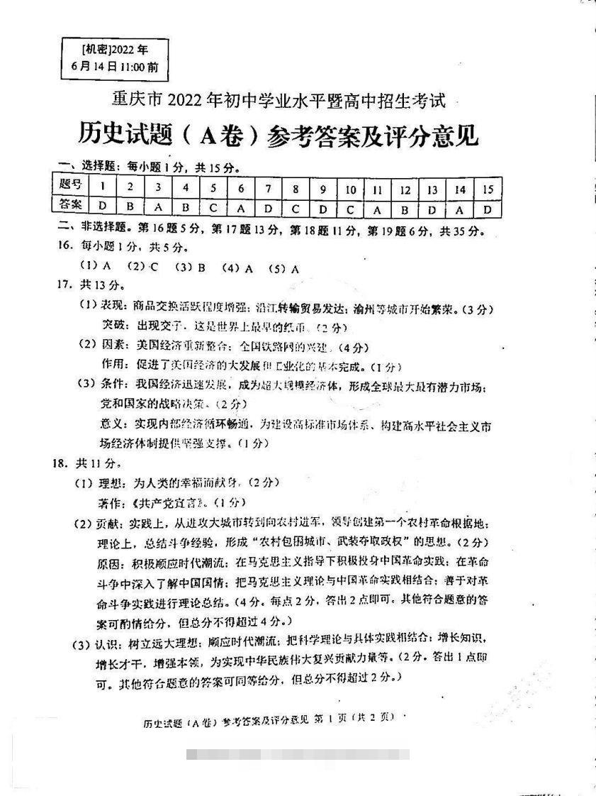 2022年重庆历史A卷参考答案-117资源网