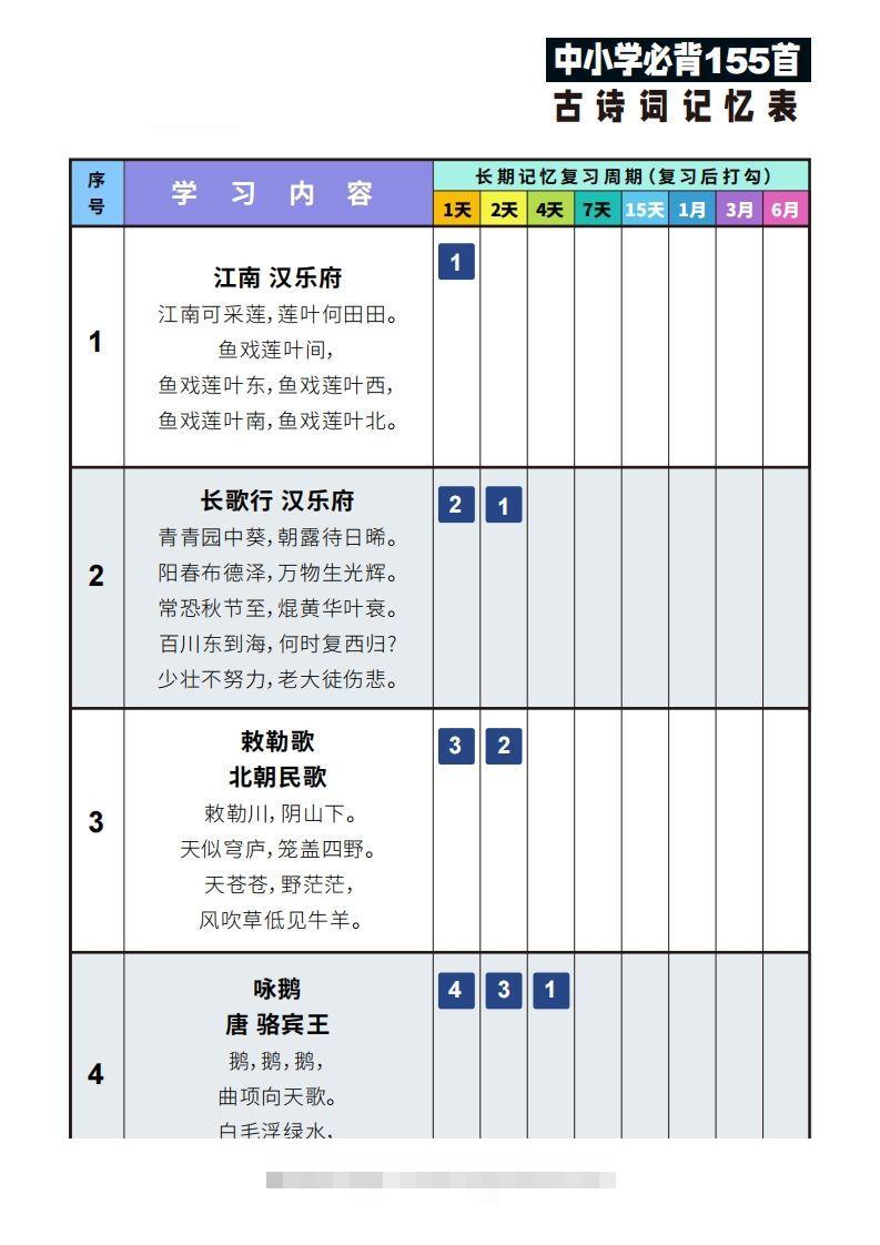 155首古诗词艾宾浩斯记忆表-117资源网