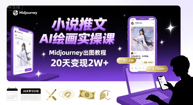 小说推文干货分享之AI绘画MJ出图实操课，用Midjourney做小说推文，20天挣2w-117资源网