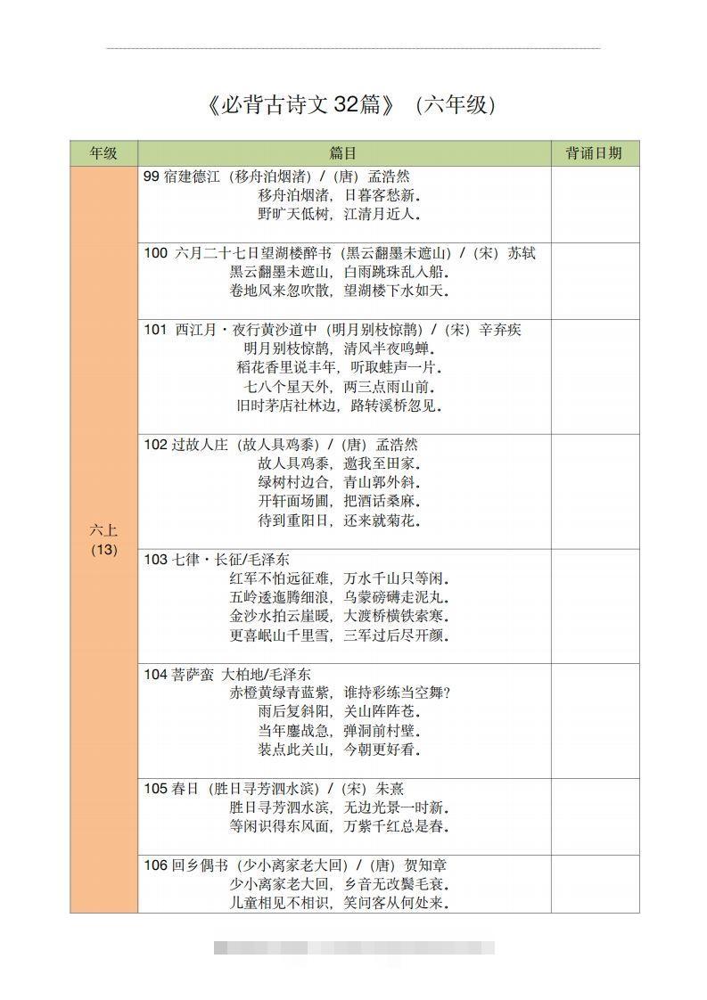 【古诗文背诵记录表】六年级语文-117资源网
