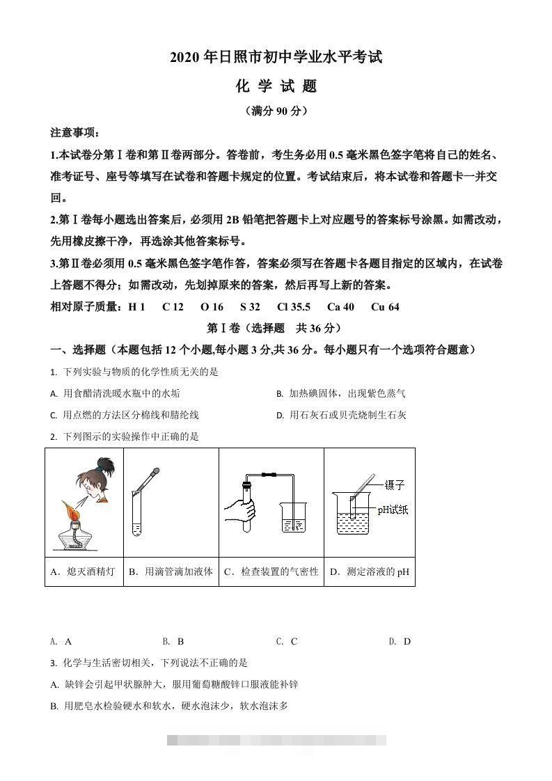 山东省日照市2020年中考化学试题（空白卷）-117资源网