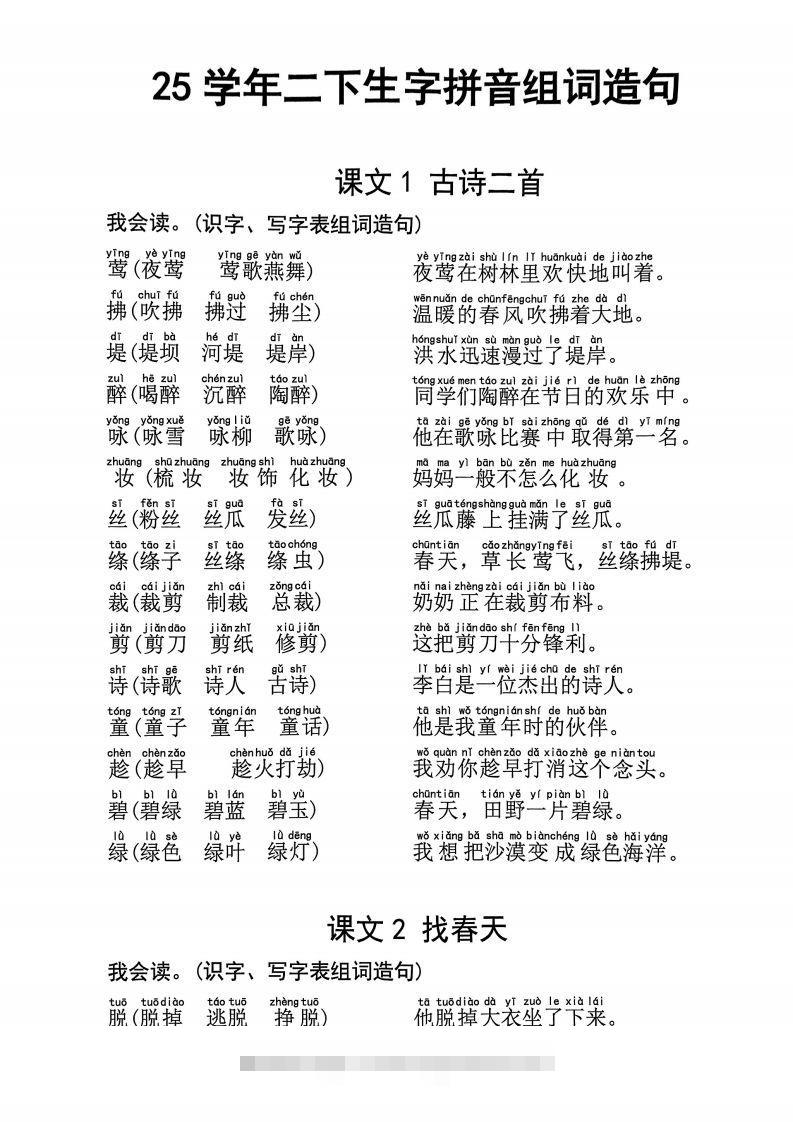 25学年二下语文生字拼音组词造句32页-117资源网