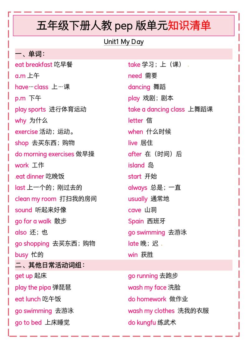 五下英语人教pep版单元知识清单-117资源网
